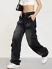 Damesjeans Reddachic Vintage Black Cargo Pockets Baggy Women Distressed Loose Casual Patchwork Wide Leg Denim Pants Grunge Streetwear