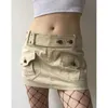 Röcke Xingqing Y2K Khaki -Rock 2000er ästhetische Frauen Harajuku Low Taille gerade kurze Miniröcke mit Gürtel und Taschen Strtwear Y240420