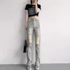 Jeans para mujeres Pantalones rectos de cintura alta para mujeres Mujeres Sexy Slim Fit Hole Reped Vintage Diseño Spring Summer Casual Deven Pants