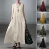 23 Summer damskie ubrania długie sukienka luźna plisowana moda bez rękawów kamizelka stałych kolorów bawełniana i lniana