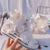 Fitness Shotes Womens Rhinestones Flowers Casual Lace Up Sneakers High Top Sweet Wedge Hidden Heel White C771