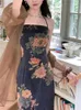 Повседневные платья китайское винтажное роскошное платье с ремонтом бретека Sleim Sexy Flower Print Midi Pencil Summer без рукавов Элегантная вечеринка