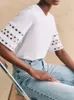 Camisetas femininas T-shirt White White 2024 Summer Lace Stitching Hollow Out Sleeved Feminina Redonda do pescoço Top Top Top Top