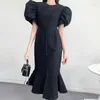 Casual Dresses Vintage Wrap Hip Black Tweed Bubble Kort ärmfiskklänning Vestido Elegant Y2K Suit Robe Femme Beach Summer