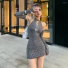 Casual Dresses Women Korean Version Hollow Halterneck Slim Sexy Off-the-shoulder Bag Hip Sleeve Dress