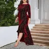 Vestidos casuais 2024 Autumn Winter Women Velvet Fishtail Rail Print O-Gobes de três quartos Sleeve elegante festa noturna