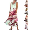 Casual Dresses Luxury Long Women's Dress 2024 Summer Bekväm blommig tryck ärmlös bomullsficka Loose Beach Vestidos