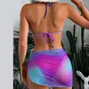 Menas de banho feminina 3pcs Mulheres maiô colorido com saia de praia Salta sexy String Halter Nack Swim Top e Briefes de baixa cintura Bikinis Conjunto