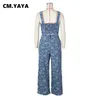 CM.YAYA Jean Jacquard Floral Womens Set Strap Wrap Crop Top och raka breda benbyxor Två 2 -stycksuppsättningar Tracksuit 240412