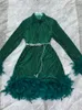 Vestidos casuais Aleseen Designer de moda Mini Velvet Dress for Women Spring Autumn Turtleneck Manga longa Feathers Belt Strip Green Black