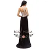 Robes de fête rose moda sexy one épaule cristal perle high fente noire velours robe de soirée