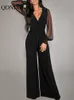 In Spring Summer Womens Jumpsuit Black V-neck Mesh Splicing Straight Female Jumpsuit Sexy Streetwear Clothes 240409