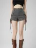 Women's Shorts Zoki Vintage Strtwear Denim Cargo Shorts Women Harajuku Sexy High Waist Grey Shorts Slim Lace Up Amercian Retro A Line Shorts Y240420