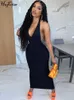 فساتين مثيرة في المناطق الحضرية Hugcitarlessless بلا عجز الصلبة V-Neck مثير Slim Bodycon Maxi Dress Summer Woman