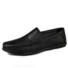 Casual Shoes Summer Slip On Men äkta läder andas Comfy Loafers Hollow Out Moccasins Soft-Soled Man Driving Flat