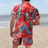 メンズファッションプリントセットラペル半袖カジュアルシャツビーチショーツ2PC/セット夏休みハワイアンスーツレジャーウトウェア240420