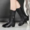 Boots Fashion Middle Winter Women's Korean Style Low Heel Solid Color Fleece Warm Plus Size Outdoor Anti-Scid Black Botas