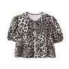 Frauenblusen Leopard Bow Schnürung O-Neck-Hemden weiblich hohl aus kurzärmelige Oberteile 2024 Sommer Mode All-Match Street Lady Top