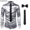 Black Mens Silk Dress Shirts 3PCSShirt Tiebowtie Smooth Satin Shirt Men Slim Fit Party Prom Casual Shirts Men Social Camisa 240407