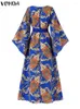Casual Dresses Vonda Women Long Maxi Sundress 2024 Autumn Bohemian Vintage Dress Sleeve Holiday Party Pleated Printed Robe Femme