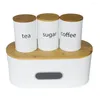 Aufbewahrung Flaschen Große Brotbox mit Bambusbrettabdeckung Metallbehälter und 3pcs runden Kaffee Zucker Tee Jar Küchen Lebensmittelbehälter Set Set