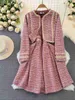 Abito da due pezzi nuovo inverno in lana rosa 2 pezzi abiti set di outfit da donna spaghetti cinghia pizzone tweed midi vestidos giacca corta cardigan cappotto 2024