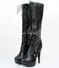 Boots Black Leather Lace-up Near Knee Fashion Buckles Stiletto Heel Ladies Long Sexy Street Style Dress Shoes Dropship