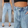 Löst höga 2024 midjor bantar kvinnors jeans, nödställda tvättade raka ben casual byxor