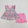 Clothing Sets Rose Red Flowers Tunic Top Ruffle Shorts Girls Summer Clothes Set Wholesale Children's RTS Boutique