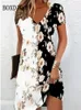 Vintage Women Sukienki midi do stylu etnicznego kwiatowy nadruk luźna sukienka plus size swobodny krótki rękaw