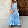 Abiti casual 2024 Mashion Square Neck Long Dress Long Wrens Summer Women Sleeveels eleganti sciolte Party Vintage Plaid Stampato Maxi