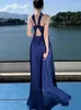 Vestidos informales Blue Slim Halter Backless High Split Maxi Mujer Mujer elegante Pleated Sexy Birthday Party Long 2024 Summer Fashion