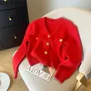 Damesbreien Foral Button Gebreide vest Sweater Vrouwen Spring Herfst Vintage V-Neck Brei-kleding met lange mouwen Femlme Red Wit Black