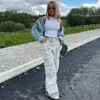 Kvinnors jeans retro Multi-fickan för kvinnor Lossa fast färg Hög midja lastbyxor Bred ben Streetwear Spring Summer Female
