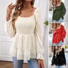 Women's T Shirts Slim Solid Colour Pullover Shirt Square Neck Smocked 3/4 Lantern Sleeves Chiffon Streaks Tops Autumn Fashion Blouse 2024