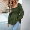 Women's T Shirts Slim Solid Colour Pullover Shirt Square Neck Smocked 3/4 Lantern Sleeves Chiffon Streaks Tops Autumn Fashion Blouse 2024