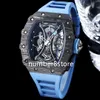 Classic 53-01 TPT Carbon Fiber Mens Watch Automatic Openworked Dial Blue Sports Wristwatch Sapphire Crystal Waterproof Luxury Watches