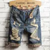 Merk kleding zomer gescheurd gat denim shorts mannen katoen dun een rechte retro motorrijder knie lengte korte jeans mannelijke streetwear 240416