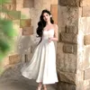 White Satin Elegant Party Dresses for Women Summer Sexy V-Neck Birthday Vacation Clothes Diamond Chain Strap Midi Dresses 240418