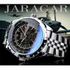 Jaragar Blue Glass Design Black Silver Automatic Watchステンレススチールデート時計明かりの男性ビジネス機械腕時計240407