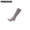 Boots High Heel Women Long Grey Shoes 13 45 Thin Knee 12 44 Tall Big Size Square Toe Side Zip Stiletto Suede Sexy Plus