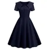 H Womens Elegant Retro Dress Lapel Kort ärm Slim Fit Pure Color A Line