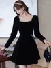 Casual Dresses 2024 Black Velvet Chic Diamonds Sqaure Collar Mini Dress Spring Autumn Elegant Hepburn Prom Women Korean Bodycon Vestidos