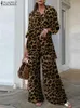ZANZEA Vintage 2PCS Pant Sets Summer Women Fashion Leopard Printed Casual Loose Tops and Pant Outfits Wide Leg Pant Sets 240408