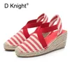 Sandales Summer Striped Femmes High Heels Cendages Fashion Gladiator Platform Espadrilles Chaussures Mesdames Sexy Fermé Toe blanc