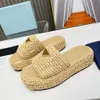 Straw plaited article platform thick sole slippers slides mules sandals women's beach open toe casual shoes luxury designer flat shoes 35-41 with box