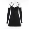 Urban Sexy Dresses Women Fashion Spaghetti Strap Low-cut Lacing Mini Dress Autumn and winter Party Club Solid Color Sling Dress with Oversleeves Y240420