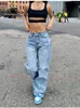 Frauen Jeans Sommer gerissen gewaschene amerikanische Taille durchbohrte Waschknopf Denim Hosen gerade Bein Freizeitstraße