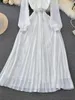 Vestidos informales Diseño de la pista Jamerary Lace Ruffles Camisa de vestir blanca Mujer Manga de manga Elegante un cinturón de línea Pleated Trim Holiday