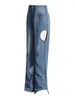 Jeans pour femmes KBQ Hollow Out Patchwork Pockets for Women High Waist Spliced Zipper Solid Long Long Denim Fashion Style Fashion